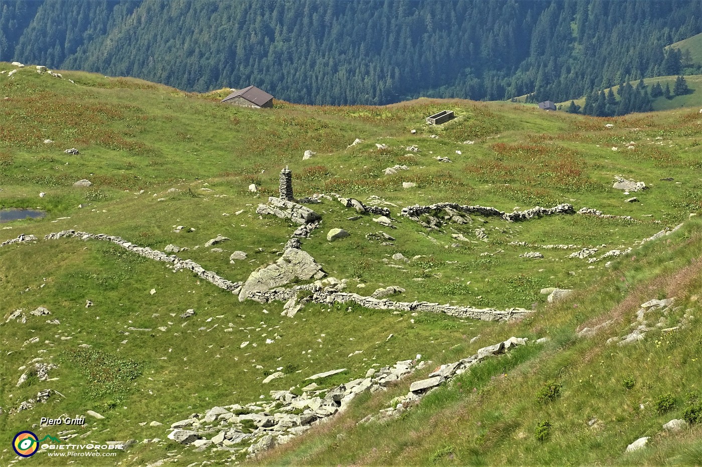 35 Sguardo dall'alto sull'omone e le recinzione di pietre degli alpeggi.JPG
